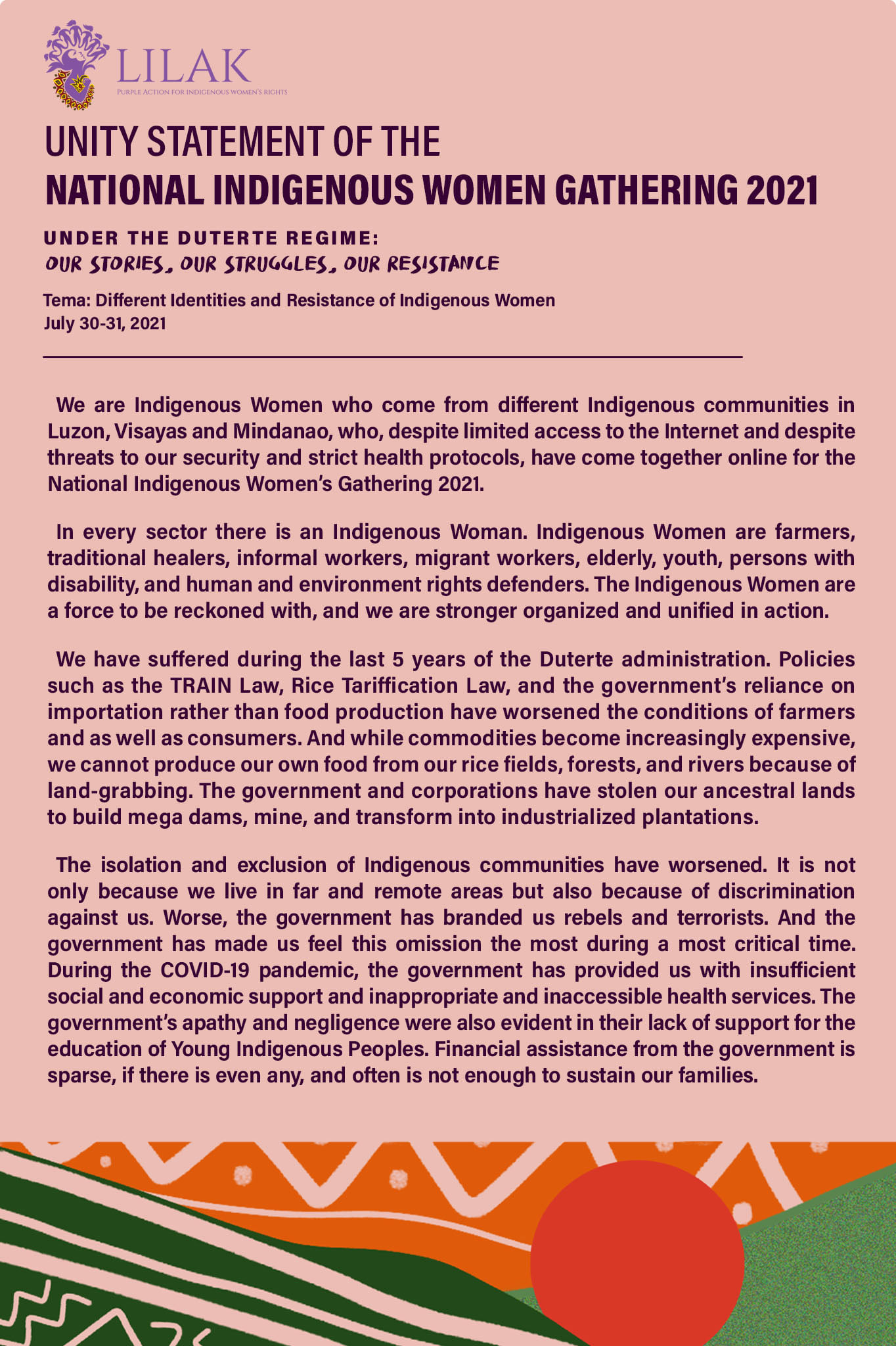 Philippines Unity Statement of the National Indigenous Women’s